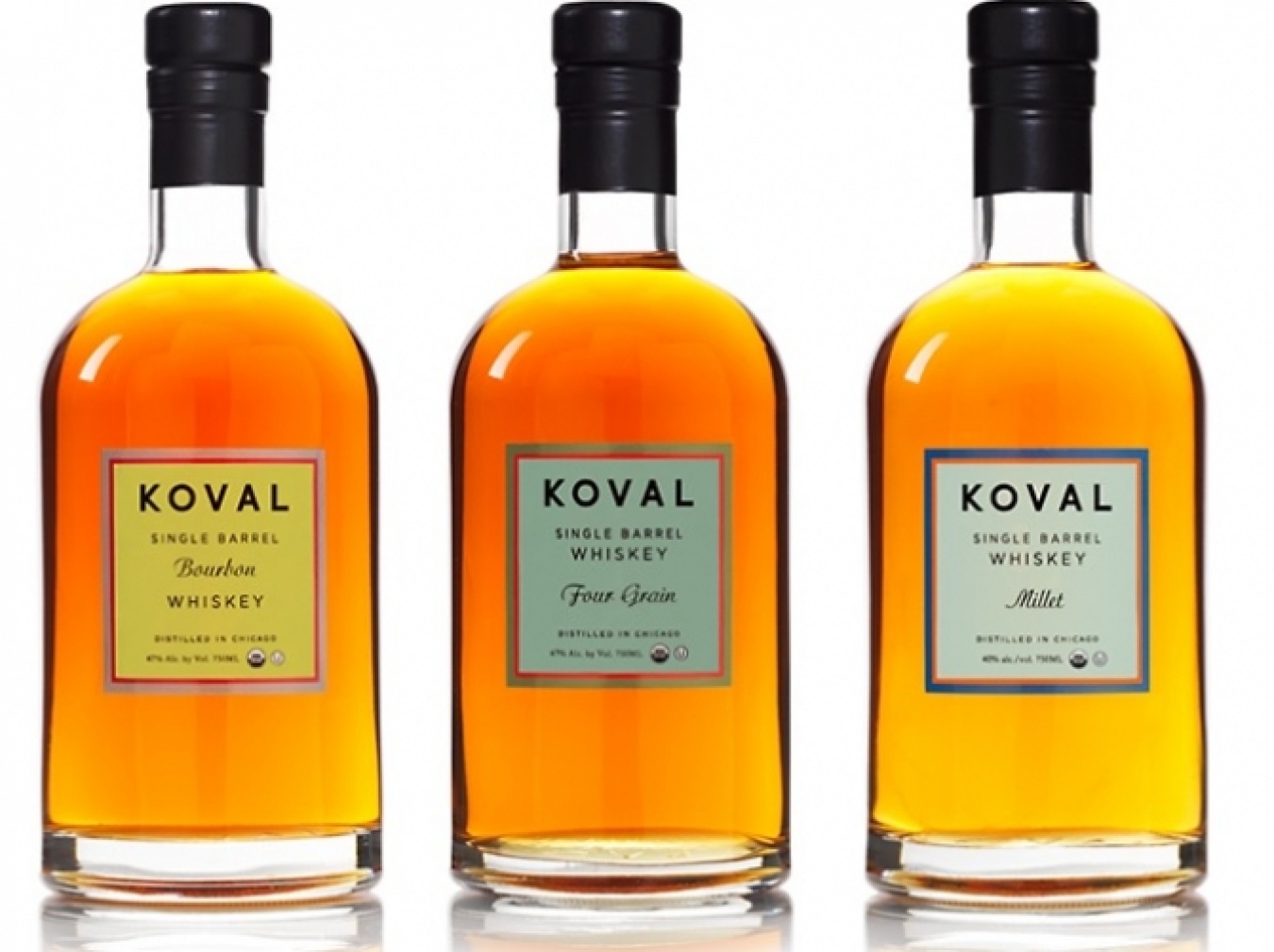 左から、バーボン、フォー・グレイン、ミレー。ミネソタ産アメリカンオークの新樽を使って、ヘビーチャードバレルで熟成している。
