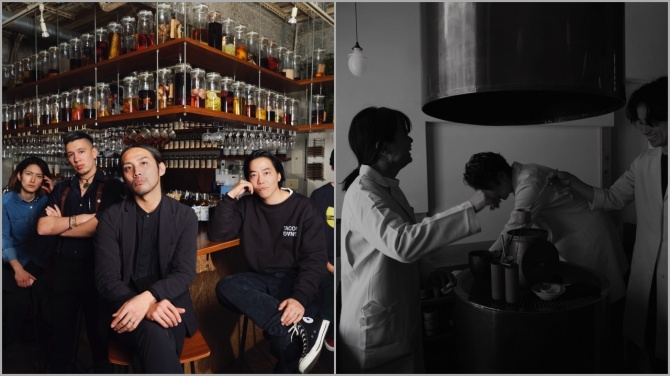左：オリジナリティあふれるカクテルをお目当てに、日本はもちろん、世界各地からバーテンダーが訪れるという「CITADEL」。オーナーバーテンダーの小原義満さんとそのチーム。右：福岡赤坂にある「万 | yorozu」は日本の美意識を感じさせるしつらいが美しい茶酒房。