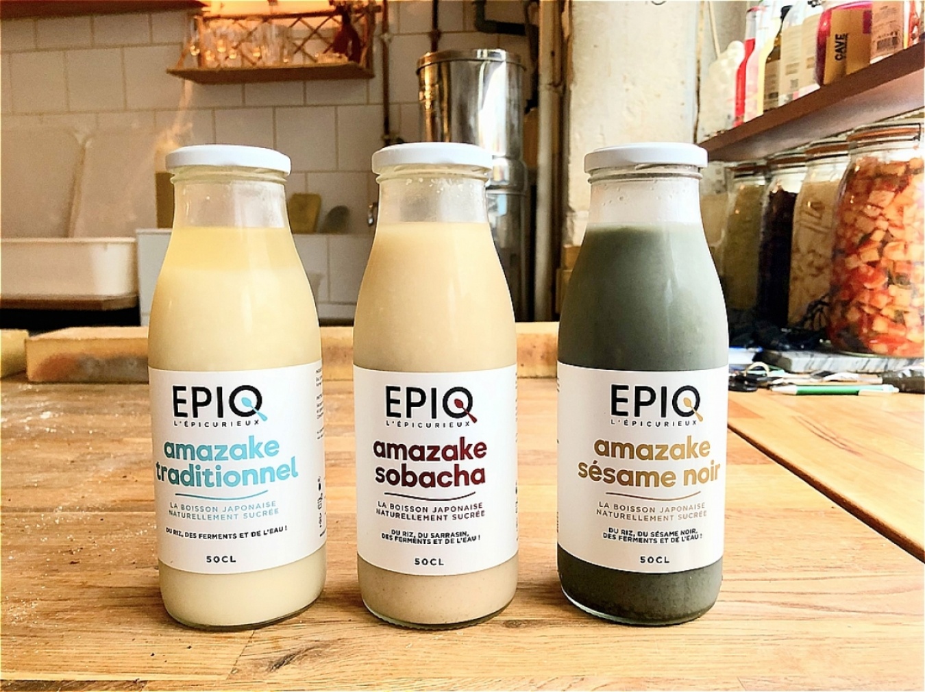 「Epiq」甘酒3種。左から、ナチュール、そば茶、黒ゴマ。