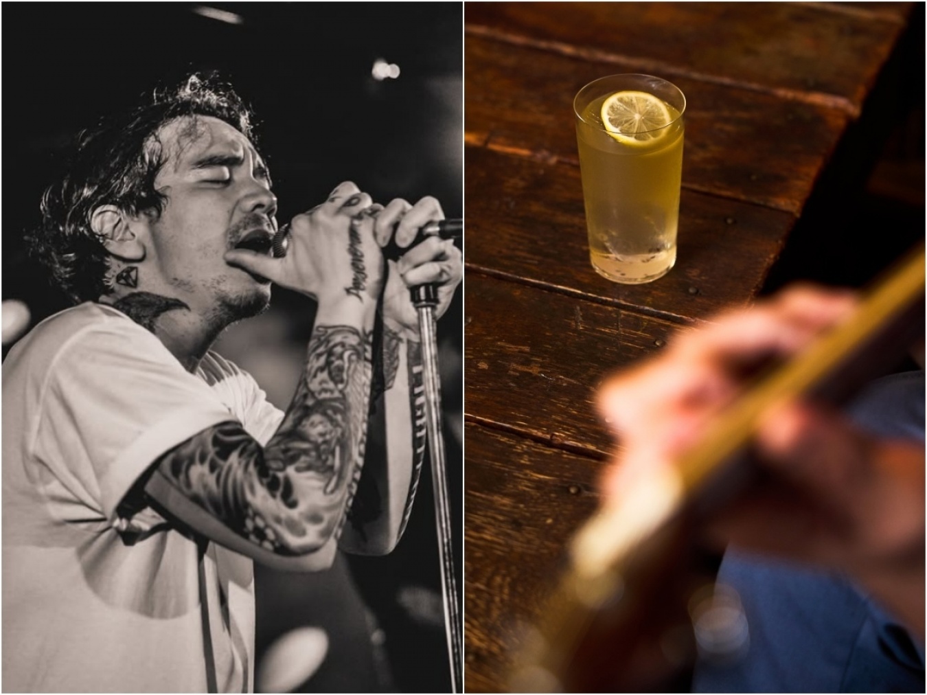 左:鉄井さんがボーカルを務める「chasedown.」のライブより。右:ギターの傍らにはお気に入りのドリンクが。