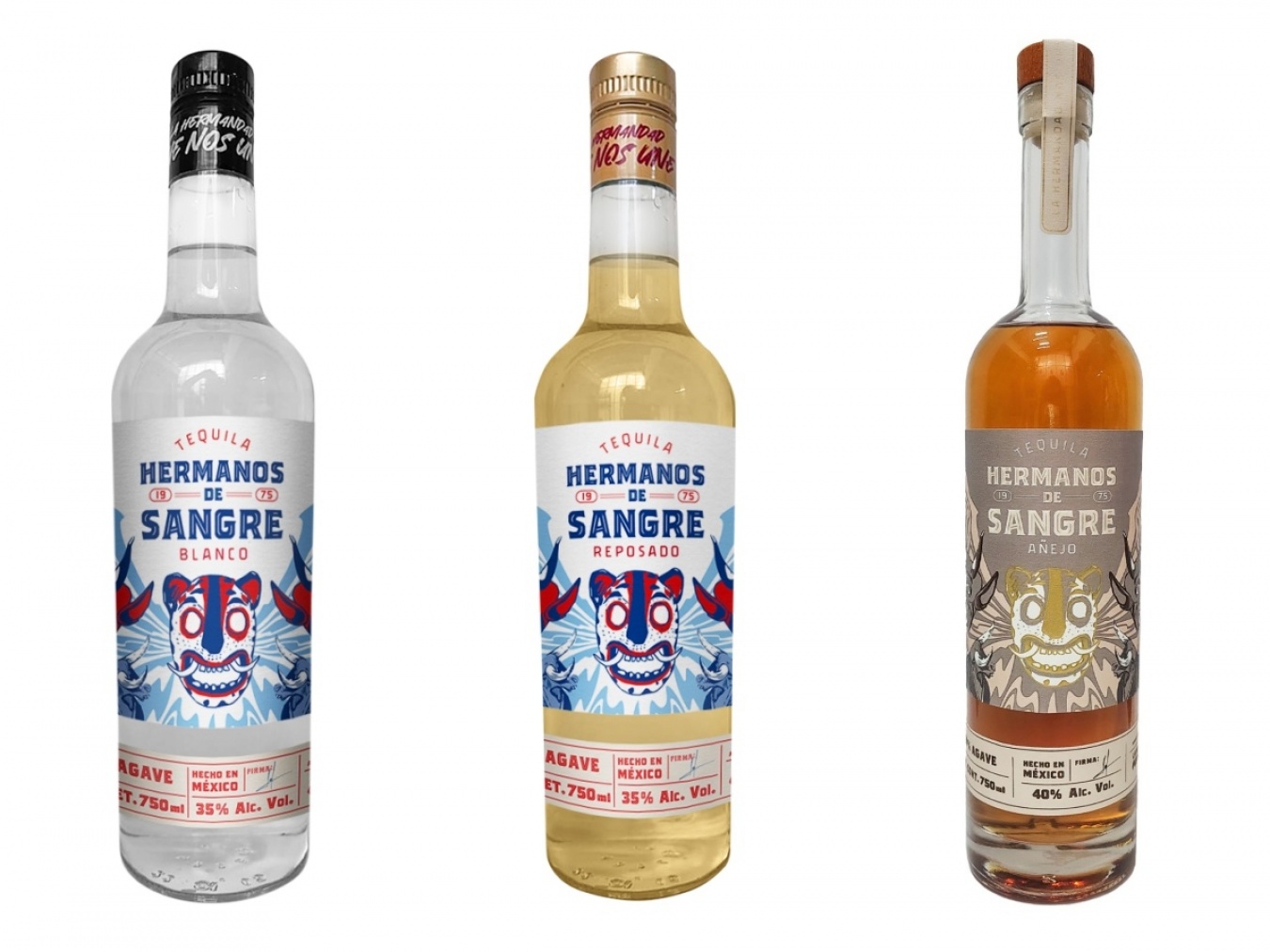 ラベルに描かれたハグアル(ジャガー)、ディアブリート(小さな悪魔)、トリート(小さな雄牛)のキャラクターが目印。左からブランコ、レポサド、アニェホ