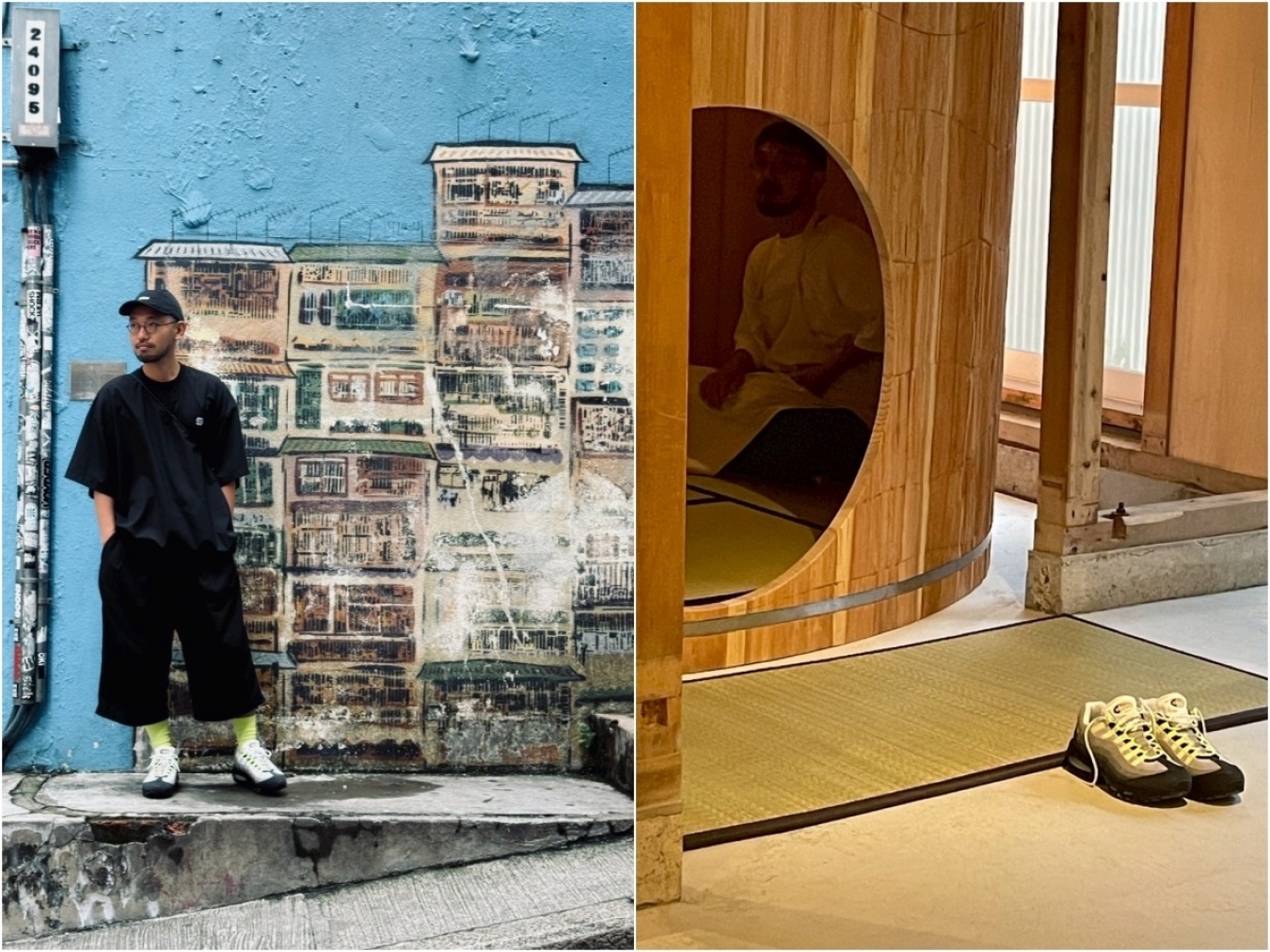 テーマのある旅といえば、そもそもお水取りもその一環。左はつい先日、ゲストシフトで訪れた香港での一コマ。右は金沢の茶室で体験したアート・プレゼンテーション。