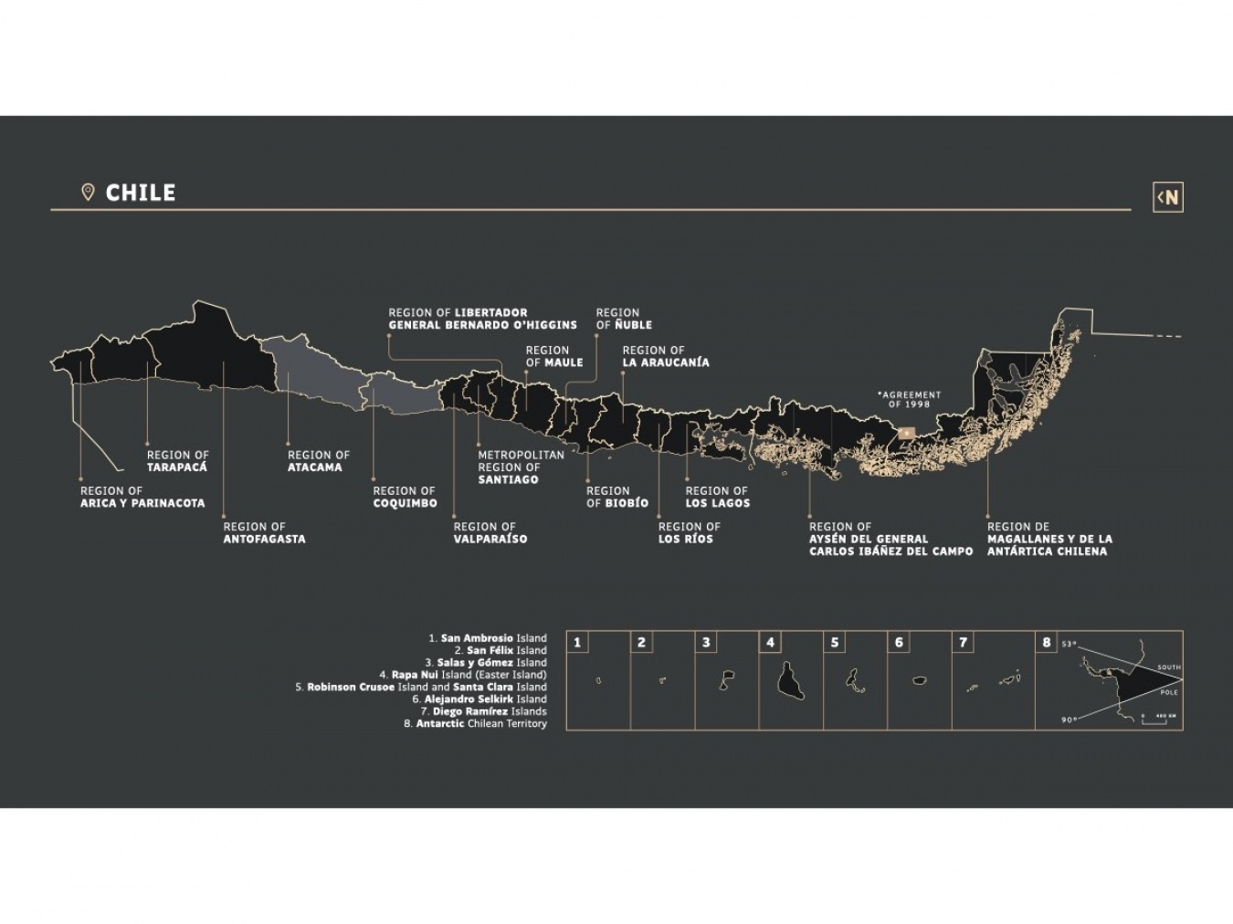 左側が北、右側が南、のチリの地図。南半球なので北(左側)のほうが暑い。