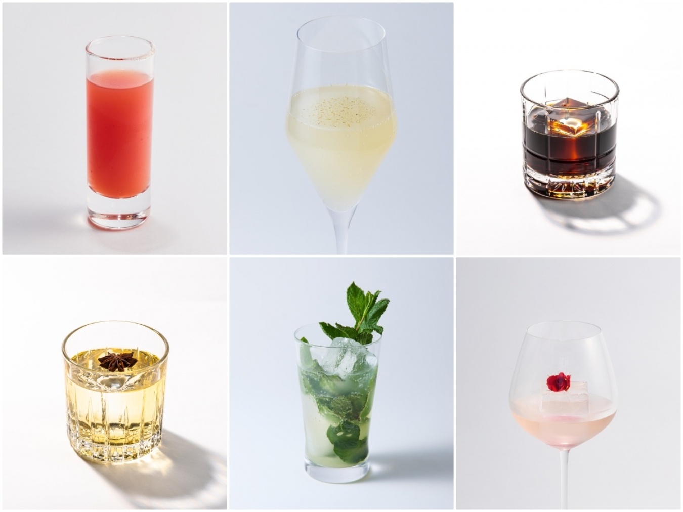 古澤さんが考案した「ベーシックレシピ」。上段左:泡盛ベースの「Ryukyu-Reviver/琉球リバイバー」。上段中:米焼酎ベースの「Bei-lini/ベイ(米)リーニ」、上段右:酒粕焼酎ベースの「Rice-tea Nail/ライス ティー ネイル」。下段左:麦焼酎ベースの「Barley’s Café/バーレイズ カフェ」。下段中:黒糖焼酎ベースの「Japones-Mojito/ハポネス モヒート」。下段右:芋焼酎ベースの 「I.M.O.(International Masterpiece Original)Rose/アイ・エム・オー・ローズ」。