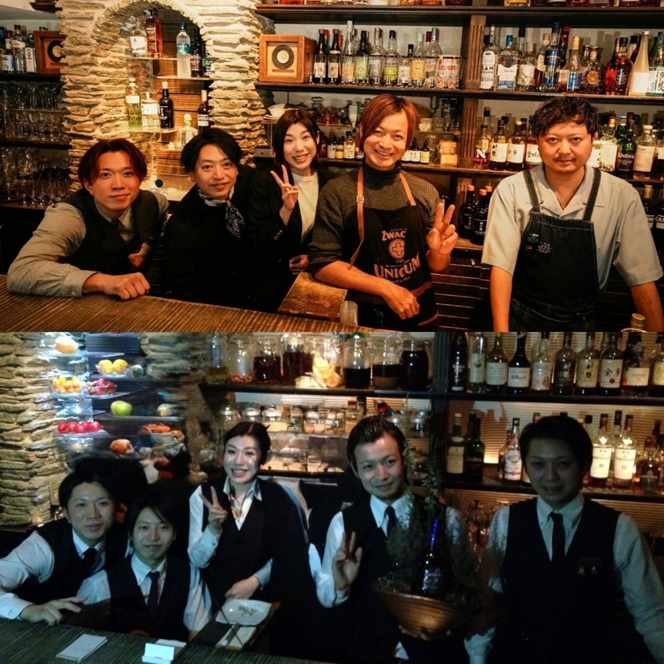 「BAR Amber」のカウンターにて、鹿山さんが店長時代のメンバーとともに。上が現在の写真、下が14年前の写真。エモ！