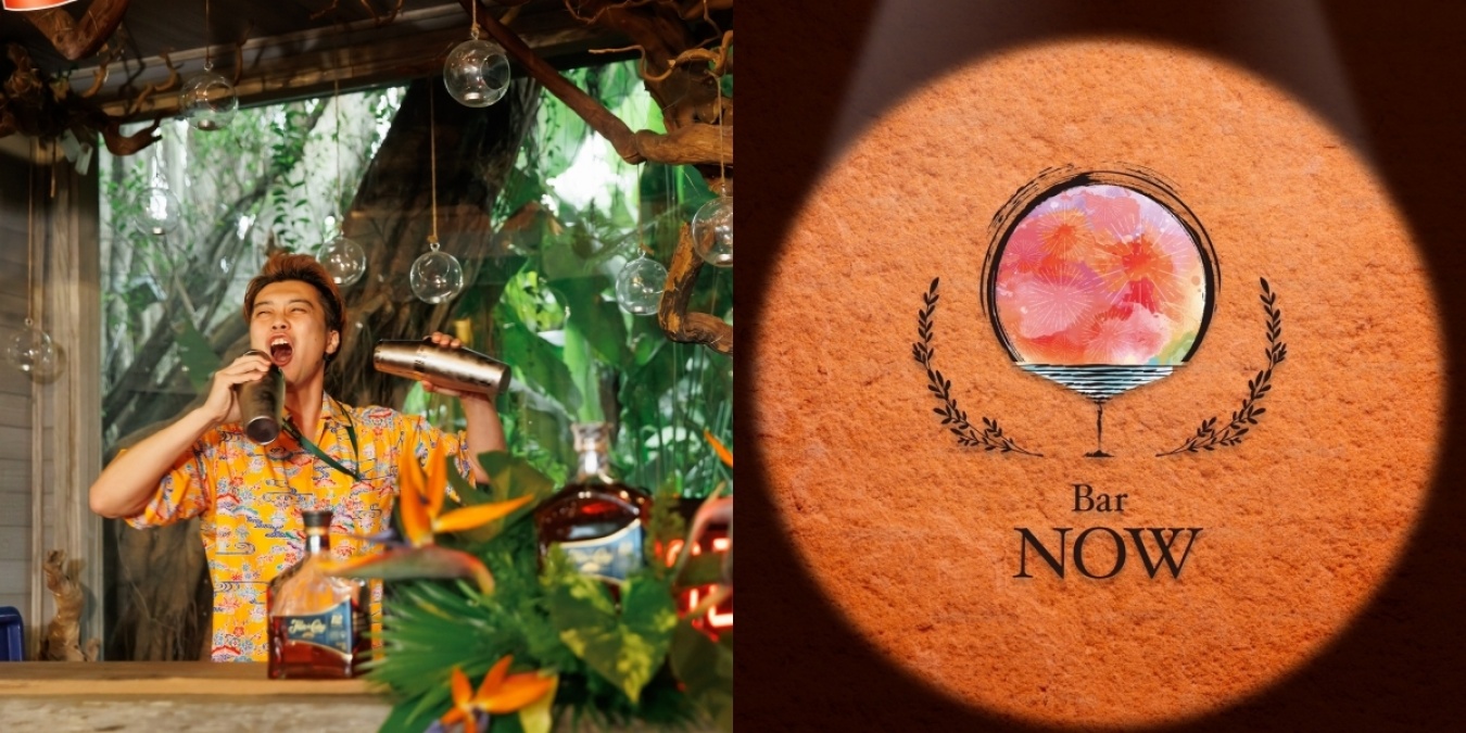 (左)安里勇哉さん (右)「Bar NOW」のこだわりのロゴ。一号店のPrimaと同じデザイナーに依頼。並ぶと兄弟に見えるようにしたかった。カクテルグラスから花火というのは、日本らしさを大切にし続けたい気持ちの現れ!