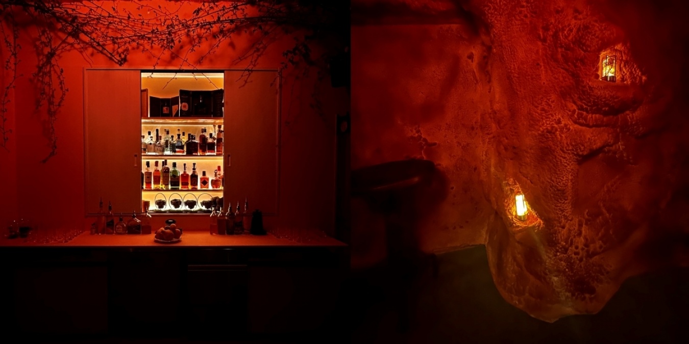 内装のテーマは「洞窟」。ダブルカウンターで中央をバーテンダーが歩いて抜けれる設計で(トップ画像参照)、1人でもグループでもお店との一体感を感じる設計に。(わがままを聞いてくれた建築チームの皆さまに感謝!)