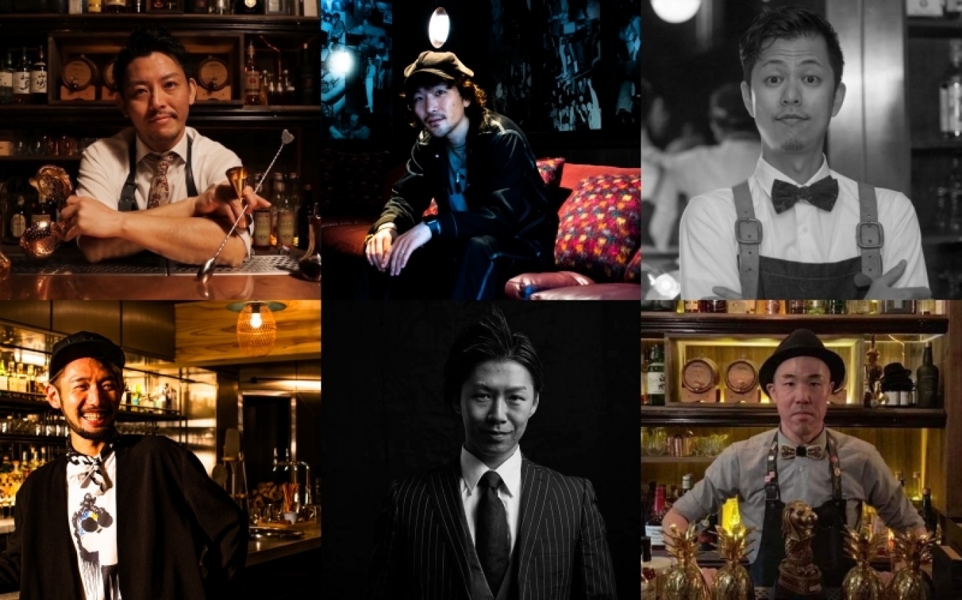 左上から時計回りに、 Keisuke YAMAMOTO(Jeremiah Tokyo)、Naoya MIZUGISHI(Ace Hotel Kyoto)、Kei NISHIYAMA 、Toru ARIYOSHI(Bees Knees Kyoto)、Koji NANMOKU(Park Hotel Tokyo Bar)、Ryuichi SAITO(Ace Hotel Kyoto)
