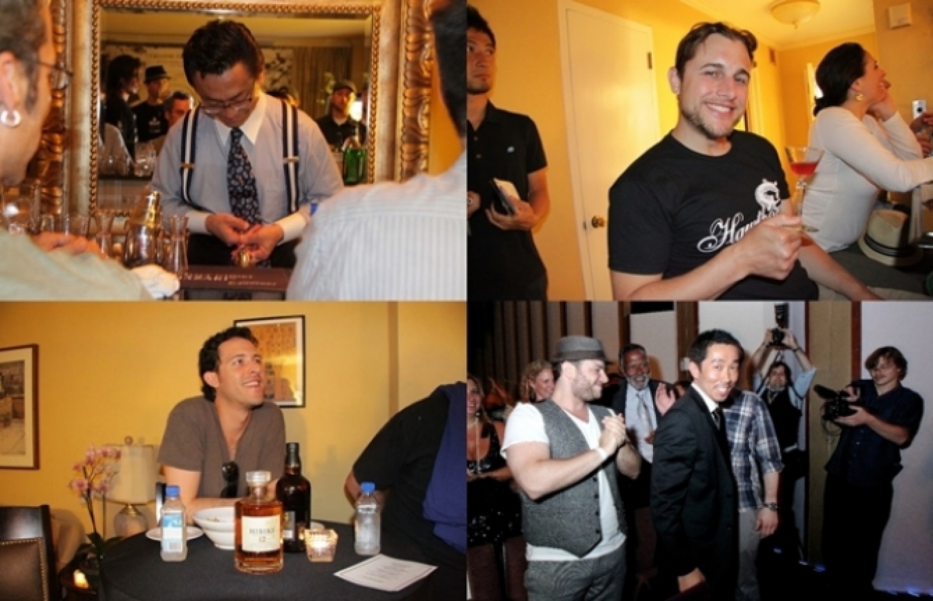 日本人のカリスマバーテンダーU氏が氷を削る姿を、息をのんで見守るゲストたち（左上）。　同氏の名前を聞きつけて、全米各地からドリンクプロフェッショナルたちが訪れた（右上・左下）。　イベント最終日に栄冠を手にした米国在住日本人バーテンダーのG氏は、各メディアからも注目の的（右下）！