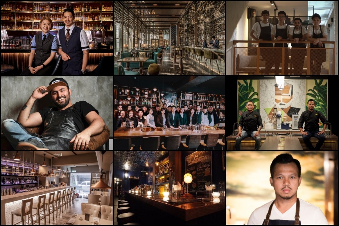 個別賞受賞者（上段左から）「Manhattan」,「Bar Trigona」,「No Sleep Club」（中段左から）Mr. Jay Khan(Coa), 「Bar Mood」, 「The Old Man」（下段左から）「Indulge Experimental Bistro」,「Bee's Knees」, Mr. Agung Prabowo(The Old Man)