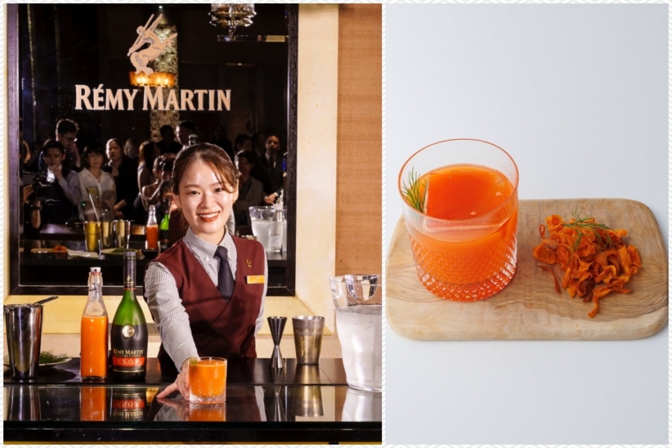 石井さくらさんのカクテル「Whispers of Root」。自家製の人参チップスを添えて。