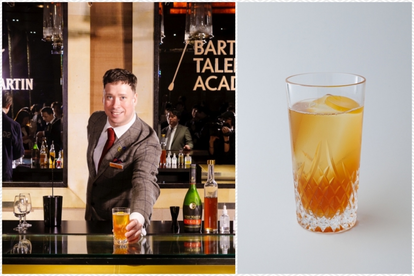 ドミニク・ダイクストラさんのカクテル「Foreign Exchange」。ガーニッシュはオレンジディスクとオレンジパフューム。