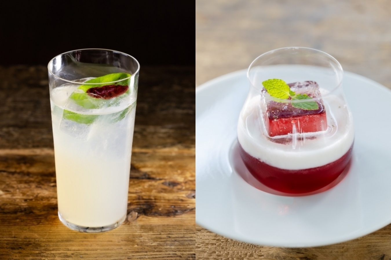 左／竹田さんがChallenge-1で、即興で創作したオリジナルカクテル「piperade brisa」。右／同じくChallenge 2で披露した、音楽からインスピレーションを得たオリジナルカクテル「Canon chord（カノンコード）」。