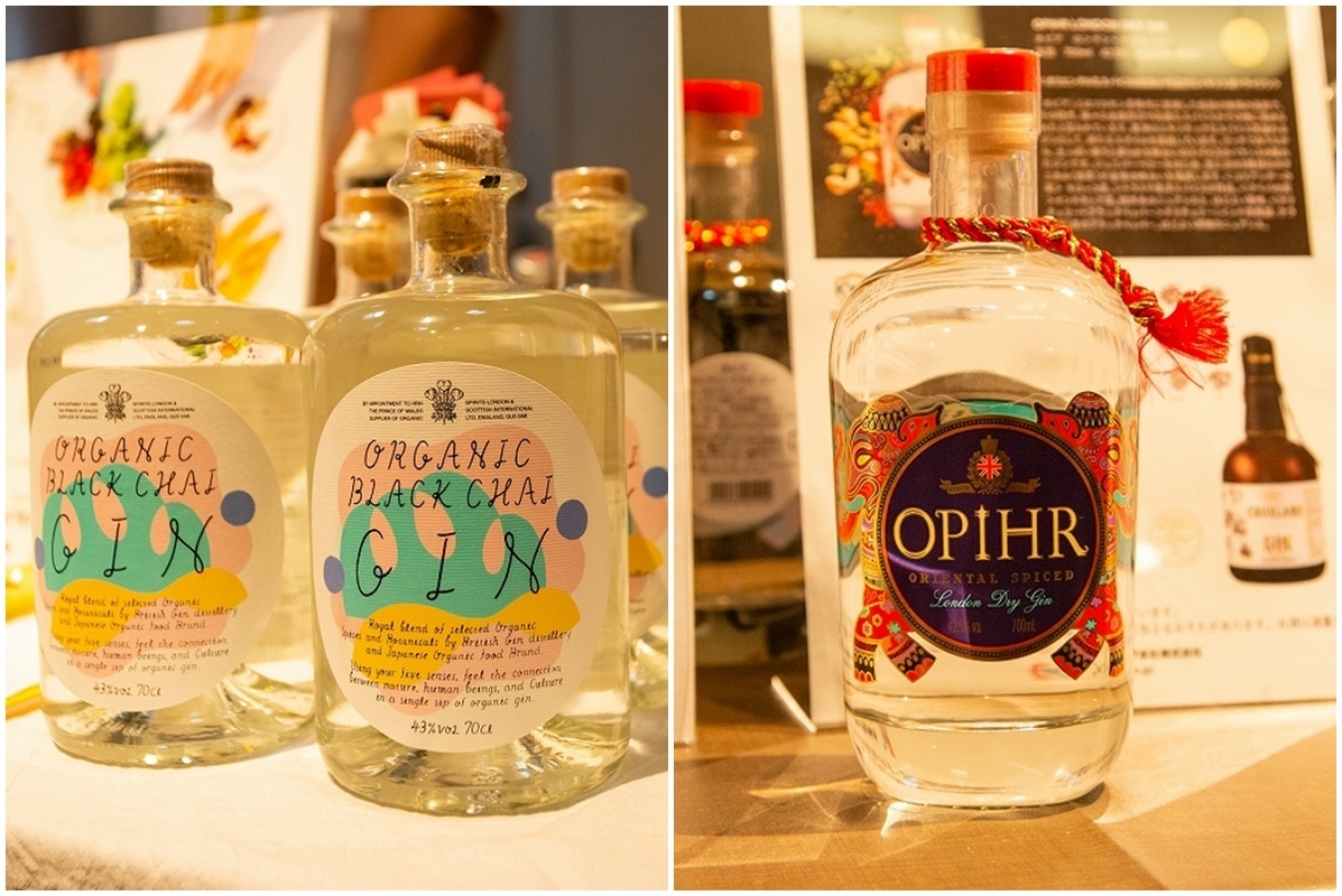 左／「ブラックチャイ・ジン」。右／「オピア ロンドン・ドライ・ジン」。