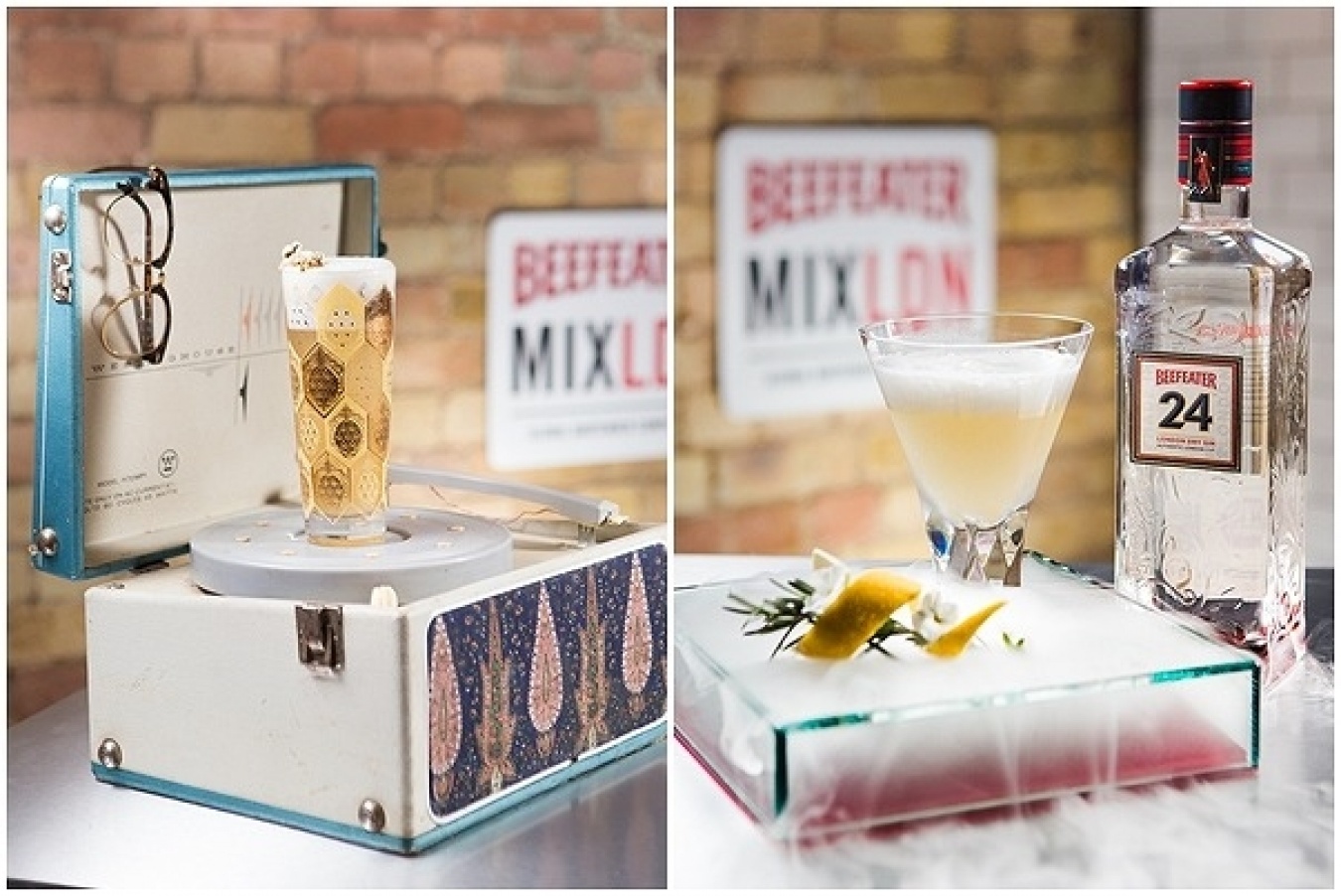 左／U.S.A.代表フィリップス氏の総合優勝カクテル「Hackney Handshake」。右／日本代表、大竹直哉氏のカクテル「Herbal 24」。
