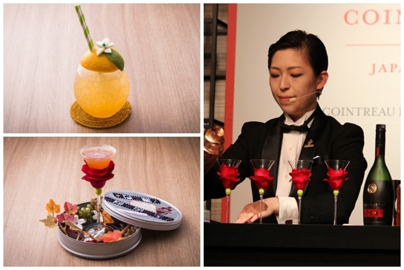 池上祐子さんとカクテル「QUATRE PASSIONS」（上）、「CARPE DIEM」（下）。