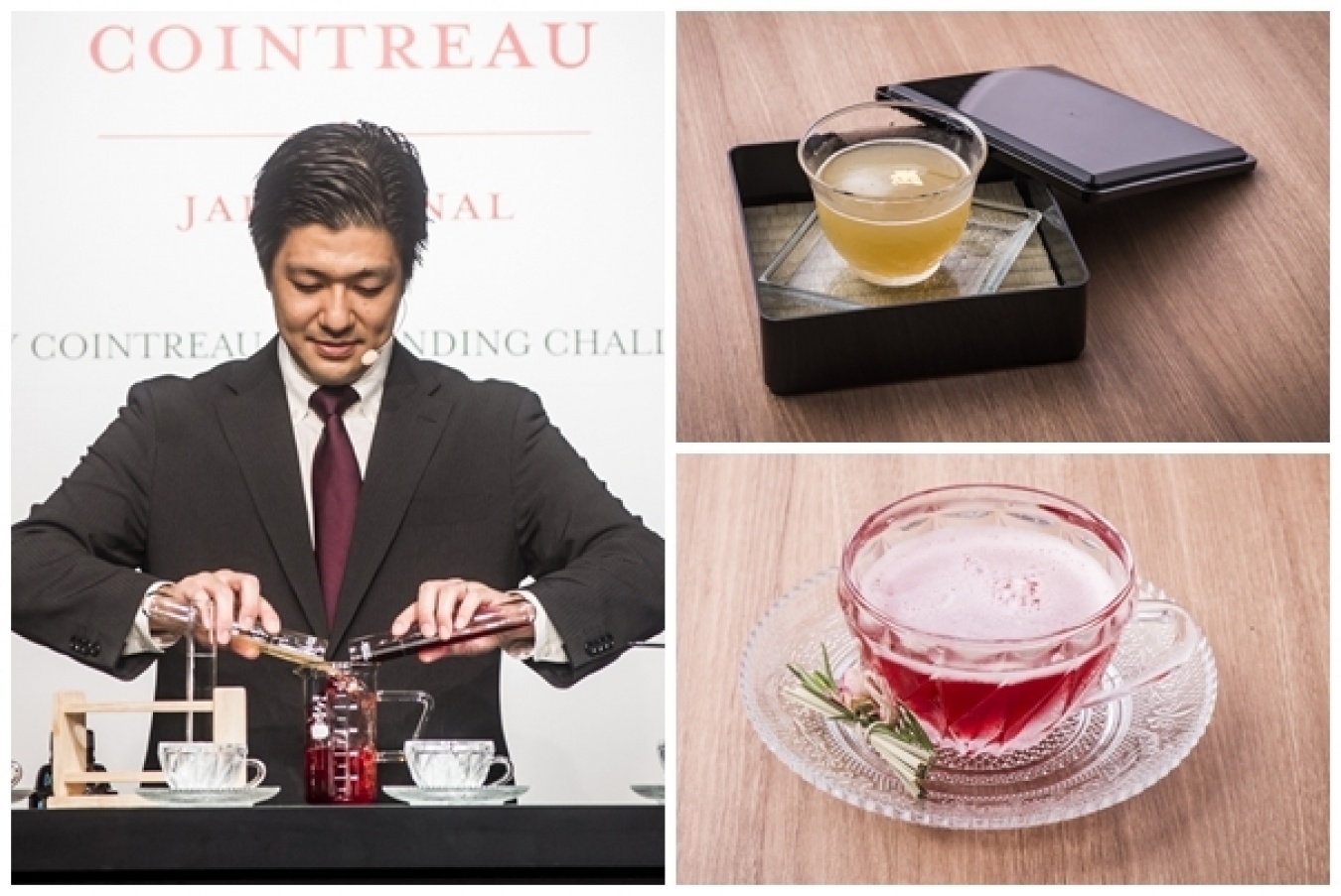 大垣年史さんとカクテル「いりもや」（上）、「VSEC」（下）。