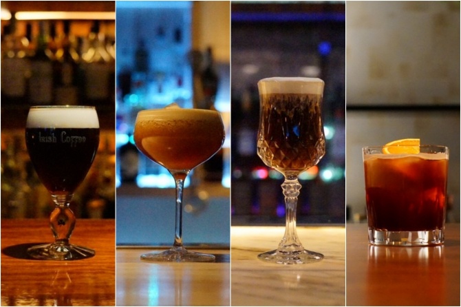 各バーが提供するコーヒーカクテル（左）もるとや（中左） COLORSOL QUALIA  （中右）居酒屋からそる（右）NOLIMIT