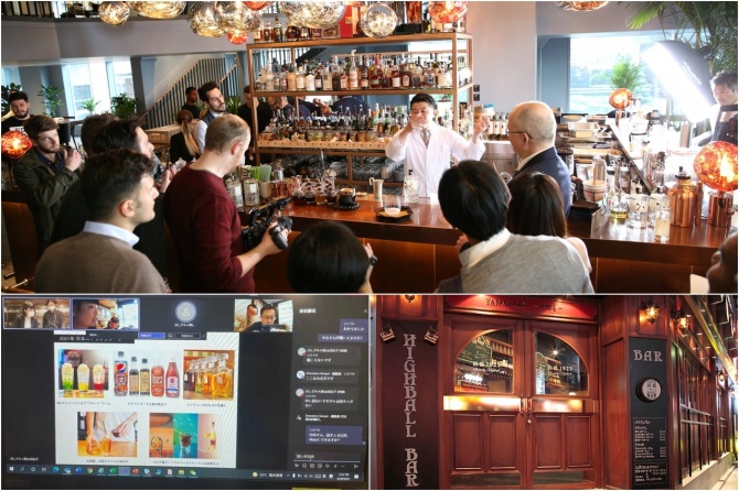 活動事例：（上）グローバル飲み方開発ロンドンでの「六」ローンチイベント　（下左）中国のレストランと、コロナ禍でもドリンクメニュー商談をオンラインで実施　（下右）ハイボール専門店の開発