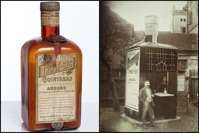 左／1975年開発当時のオリジナルボトル。右／斬新な宣伝活動もコアントローならでは。写真は1904年のモノ。現代でいうところのポップアップバー？