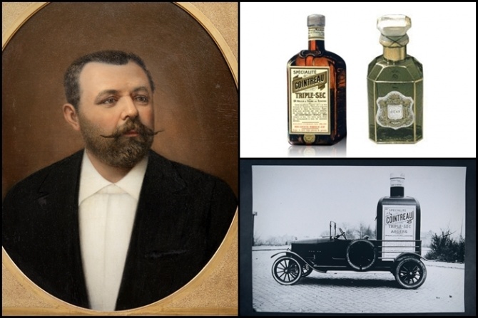 左／コアントローの生みの親、エドゥアール・コアントロー。右上／四角いボトルデザインは香水瓶がモチーフ。右下／当時は珍しかった自動車を宣伝車として使用！