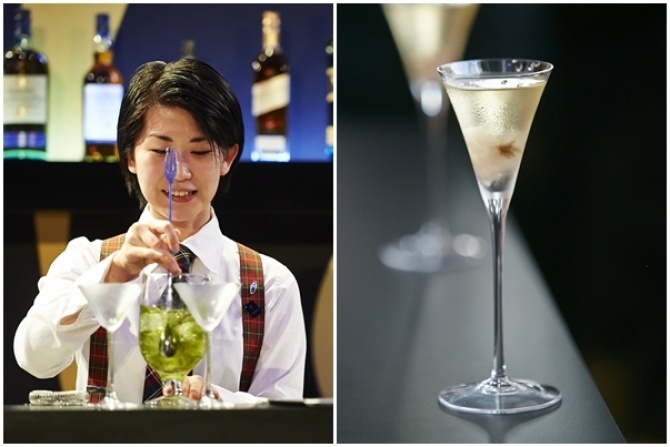 （左）1日目に行われた2つのチャレンジでは、唯一両チャレンジの“ミニ・ファイナリスト”に選出された日本代表の倉上香里氏。 ※編集部注　最初の2チャレンジに限り、競技直後に成績上位者が発表され、倉上氏のみ両チャレンジにノミネート　（右）「Tale of Two Martinis」で披露したBlooming Martini。　