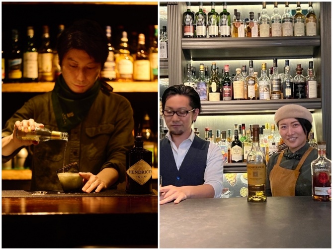 トップバーテンダーたちによるカクテルに酔いしれて。左は銀座「Bar LIBRE GINZA」の松尾和久さん、右は新宿「BAR dilly dally」の佐藤貴俊さんと手塚景子さん。